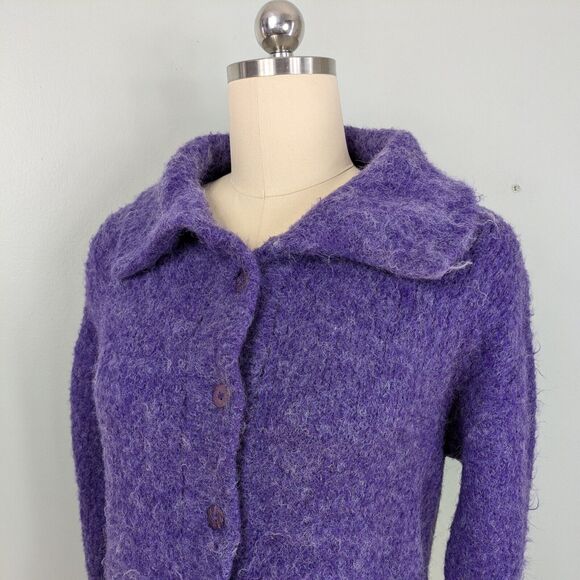 Peruvian Trading Company Cardigan Sweater M L Purple Fuzzy Collared Work Winter - Picture 4 of 10